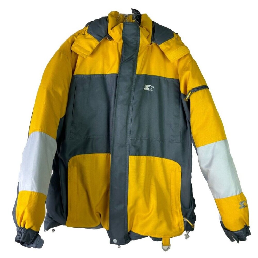 Starter Men Large L Cold Weather Down Feather Parka Hood Jacket Yellow Gray EUC